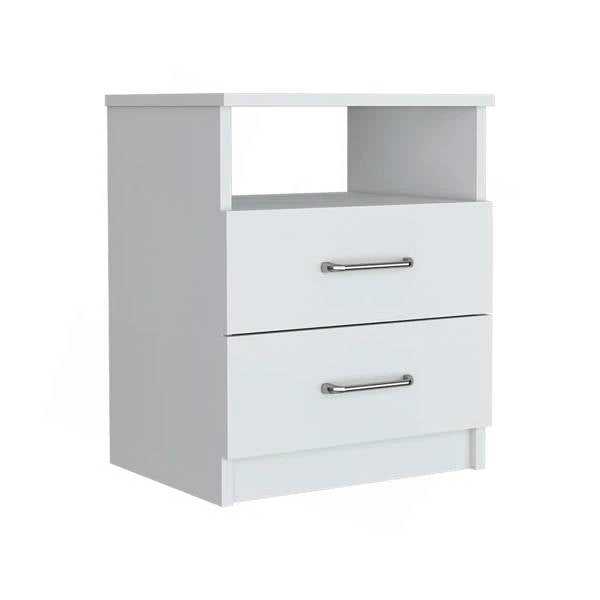 Modern 2-Drawer Nightstand with Open Shelf in White Wood Finish