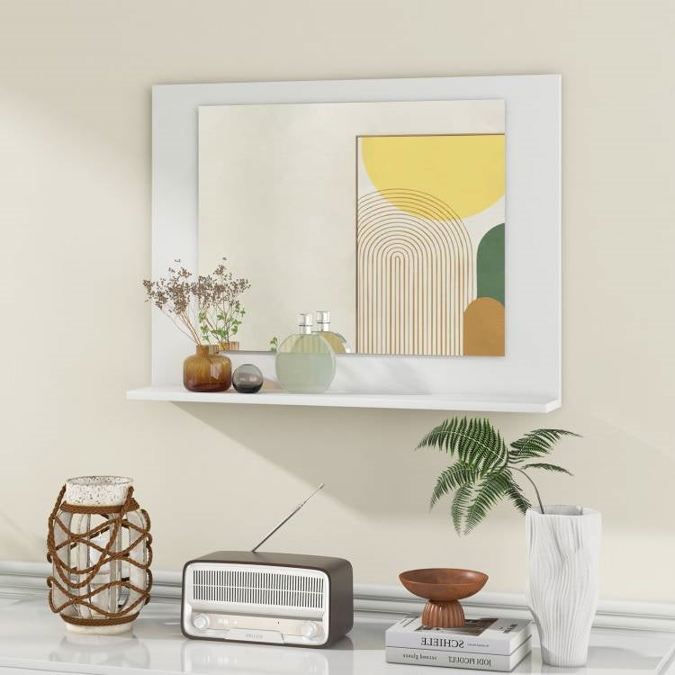 Rectangular Bathroom Wall Mirror with Storage Shelf and White Wood Frame