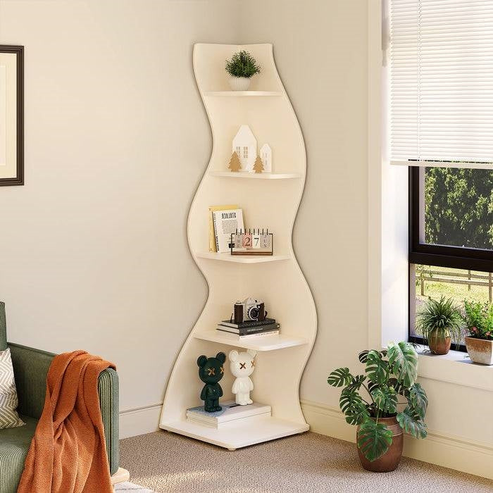 Modern Whimsical 5 Shelf Corner Bookcase Stand White Wood Finish
