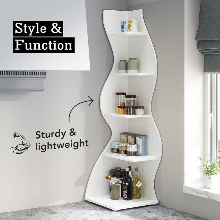 Modern Whimsical 5 Shelf Corner Bookcase Stand White Wood Finish