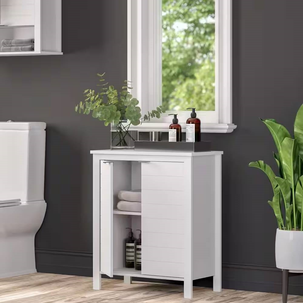 Bathroom Linen Cabinet with Storage Shelf in White Wood Finish