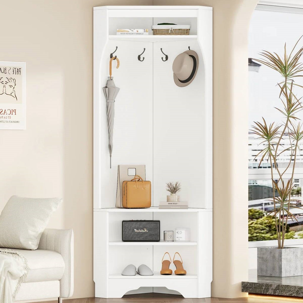 Modern White Corner Hall Tree Coat Rack Entryway Storage Cabinet Shoe Bench
