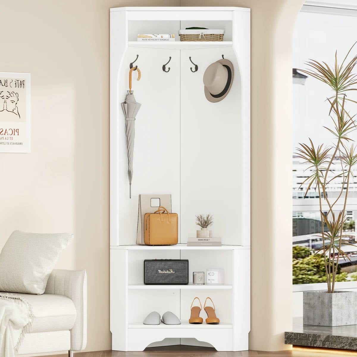 Modern White Corner Hall Tree Coat Rack Entryway Storage Cabinet Shoe Bench