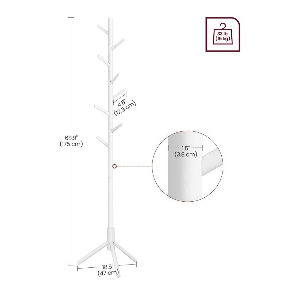 Sturdy Solid Wood Coat Rack in White Finish with 8 Hooks