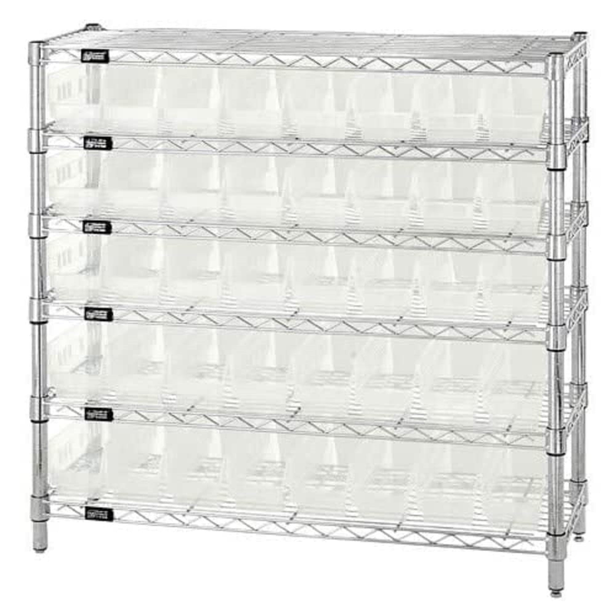 Bin Wire Shelving System, 36W x 12D x 36H overall size, 800 lb. capacity per shelf, includes: (6) wire shelves, (4) posts, (40) 