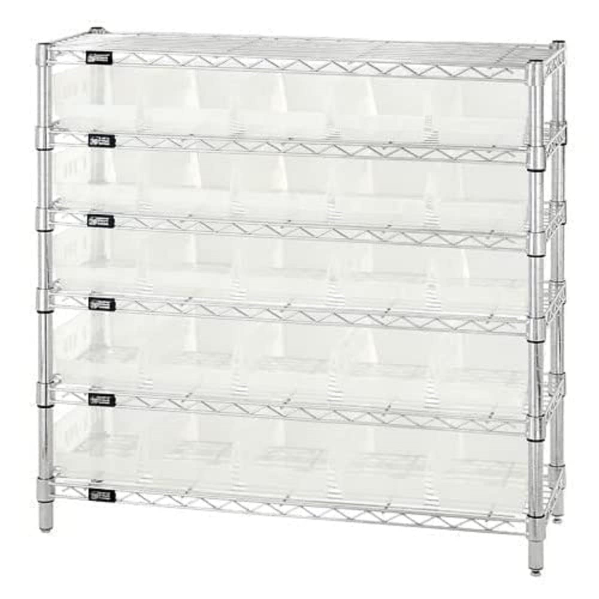 Bin Wire Shelving System, 36W x 12D x 36H overall size, 800 lb. capacity per shelf, includes: (6) wire shelves, (4) posts, (25) 