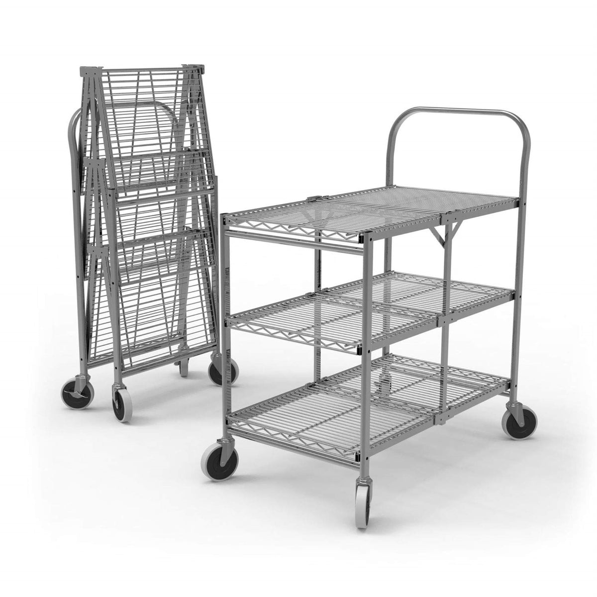 Ergode Collapsible Steel Wire Utility Supply Cart With 3 Shelf, Singlegrab Handle In Polished Chrome Finish  Ideal For Restaur