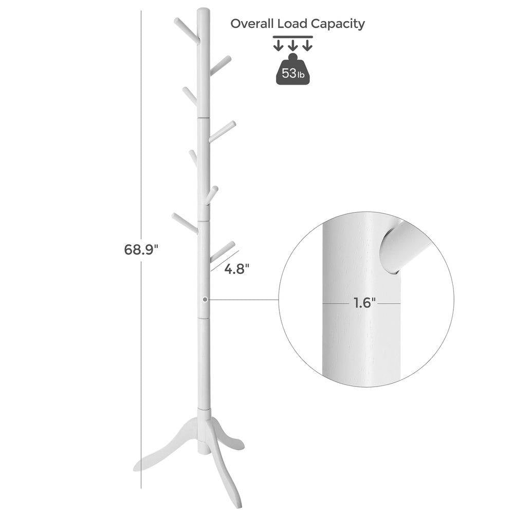 Modern Solid Wood Coat Rack in White Finish with 8 Hooks
