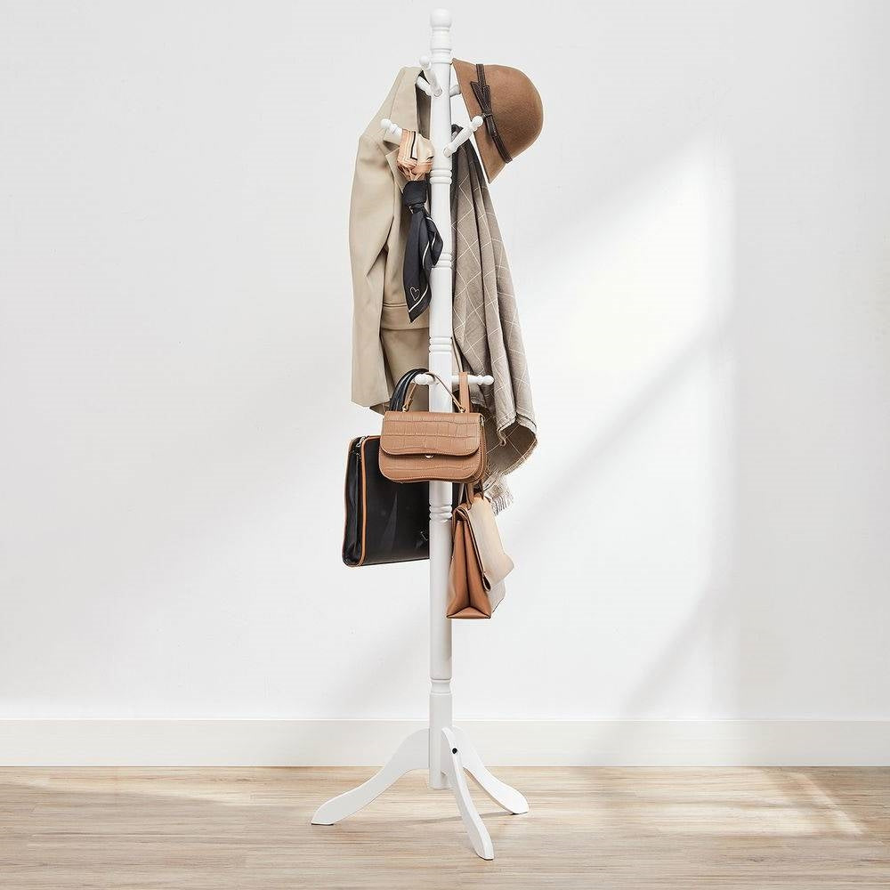 Solid Wood Coat Rack in White Finish with 10 Hooks