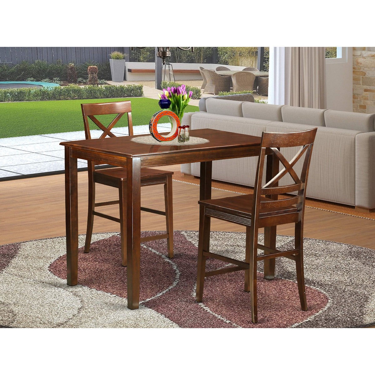 East West Furniture YAQU3-MAH-W 3 Piece Counter Height Dining Table Set Contains a Rectangle Kitchen Table and 2 Dining Room Chairs, 30x48 Inch, Mahogany