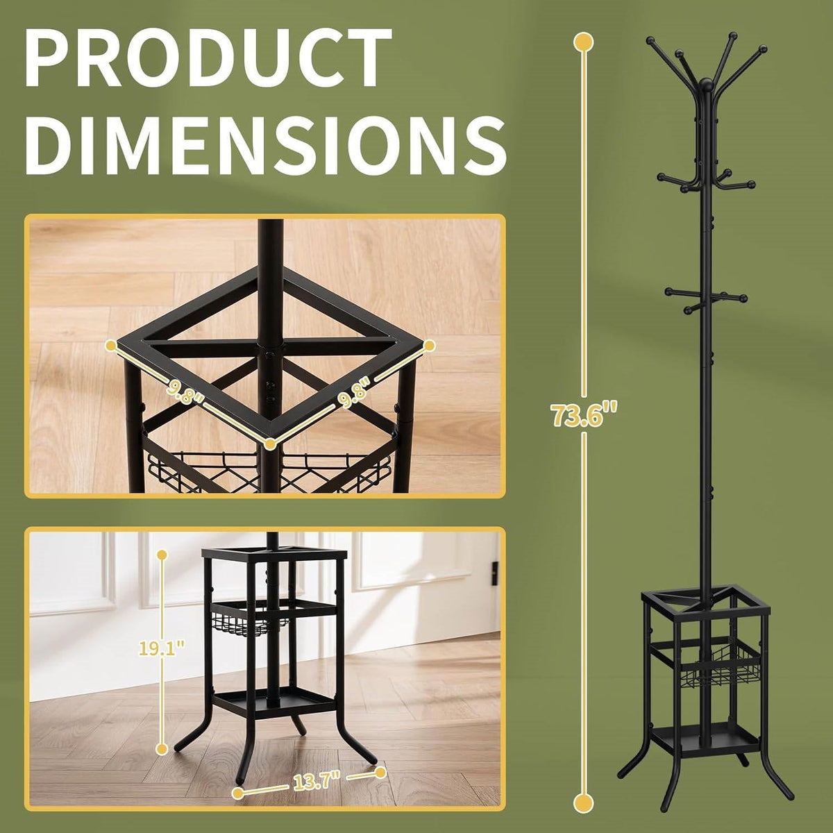 Black Metal Coat Rack Entryway Hall Tree with Umbrella Holder