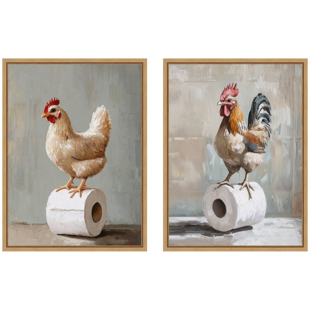 Sylvie Chicken and Rooster Bathroom Art Framed Canvas Art Set by The Creative Bunch Studio