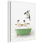 Sylvie Penguins in Green Bathtub on Colored Tile Framed Canvas by Amy Peterson