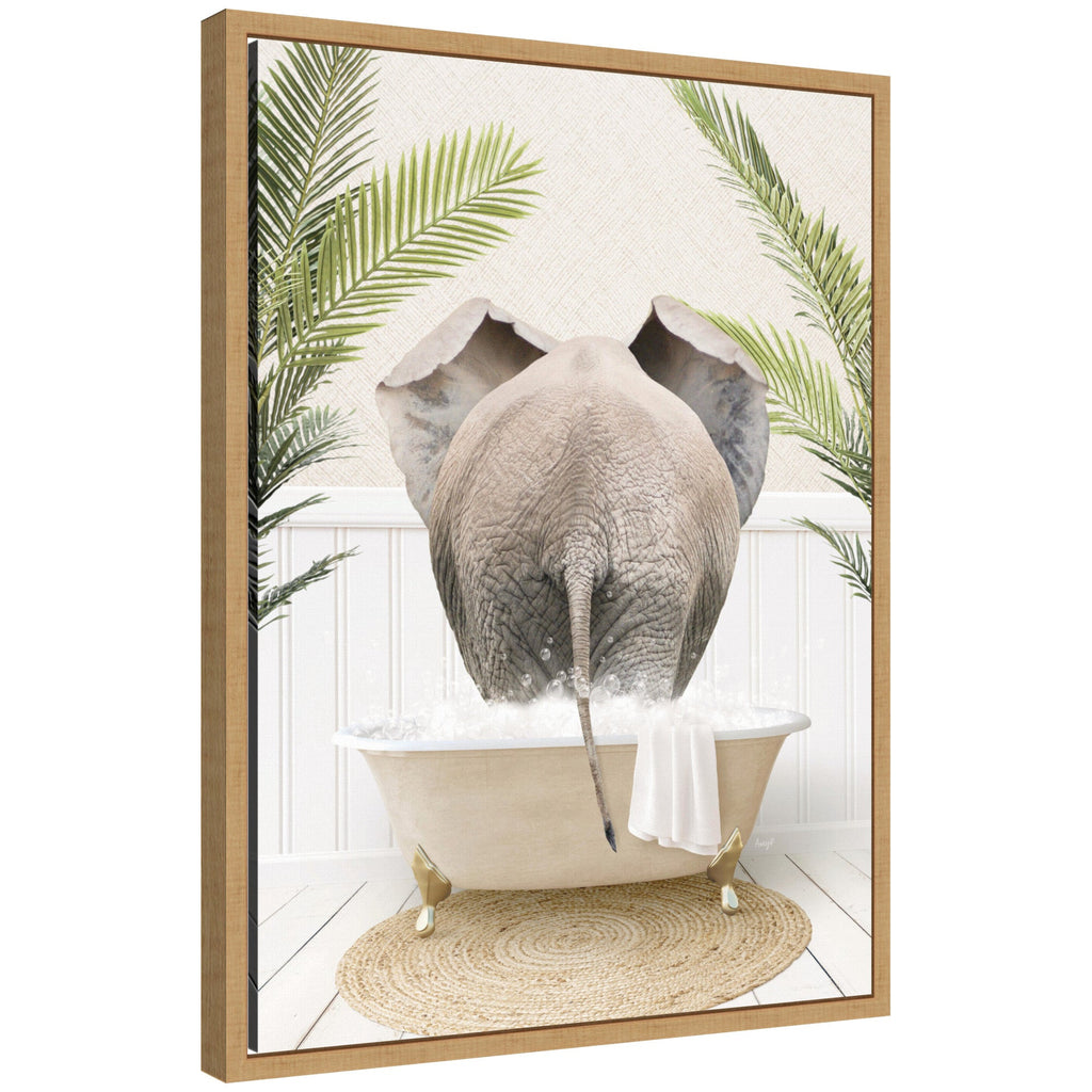 Sylvie Elephant Back in Palm Bathtub Framed Canvas by Amy Peterson