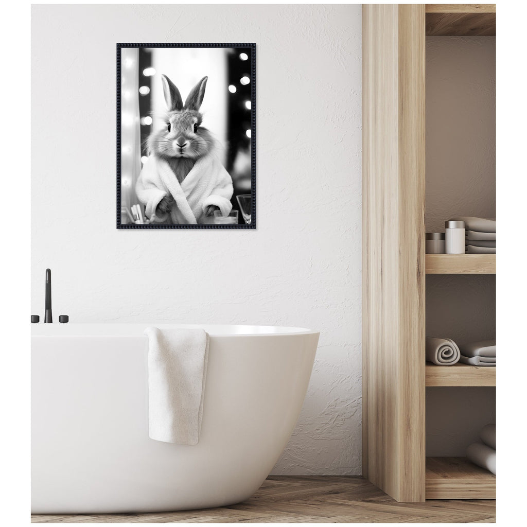 Sylvie Bunny Glam Bathroom Art Towel Robe Black and White Framed Canvas by The Creative Bunch Studio