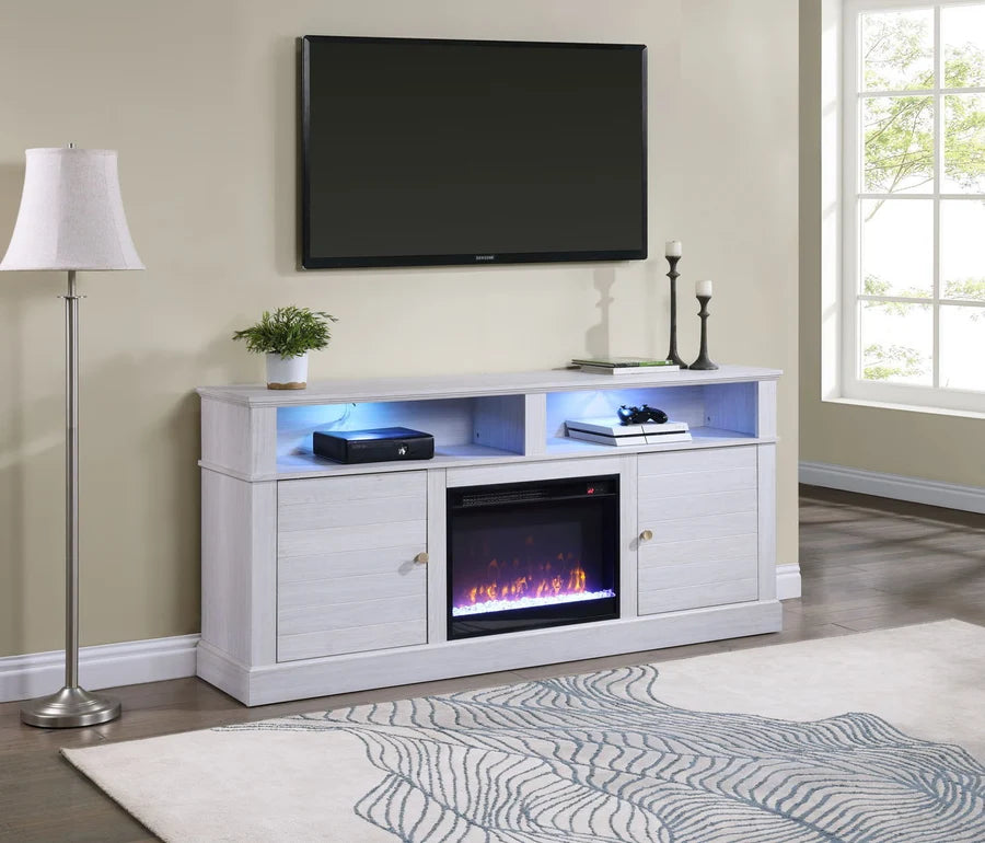 Lucifer 70W White Walnut Finish TV Stand Console with Fireplace