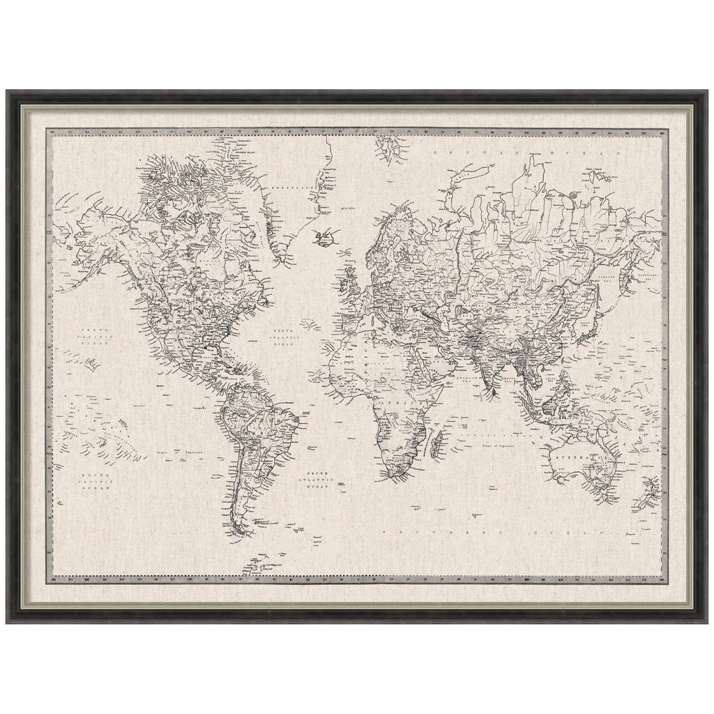 Framed Fabric Pinboard Vintage Black and White Linen World Map Wall Organization