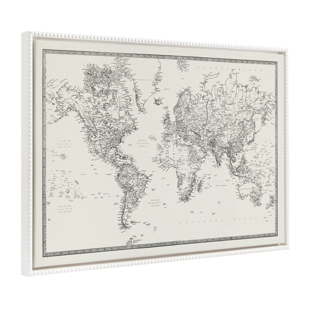 Sylvie Beaded Vintage Black and White World Map Framed Canvas by The Creative Bunch Studio