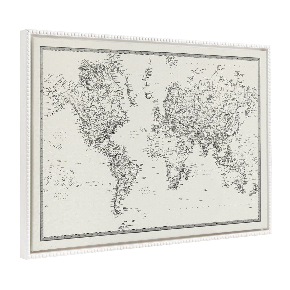 Sylvie Beaded Vintage Black and White World Map Framed Canvas by The Creative Bunch Studio