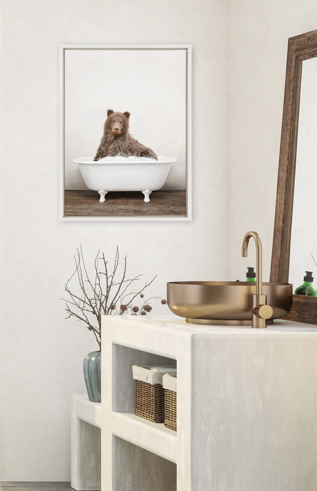 Sylvie Bear Rustic Bubble Bath Framed Canvas by Amy Peterson Art Studio