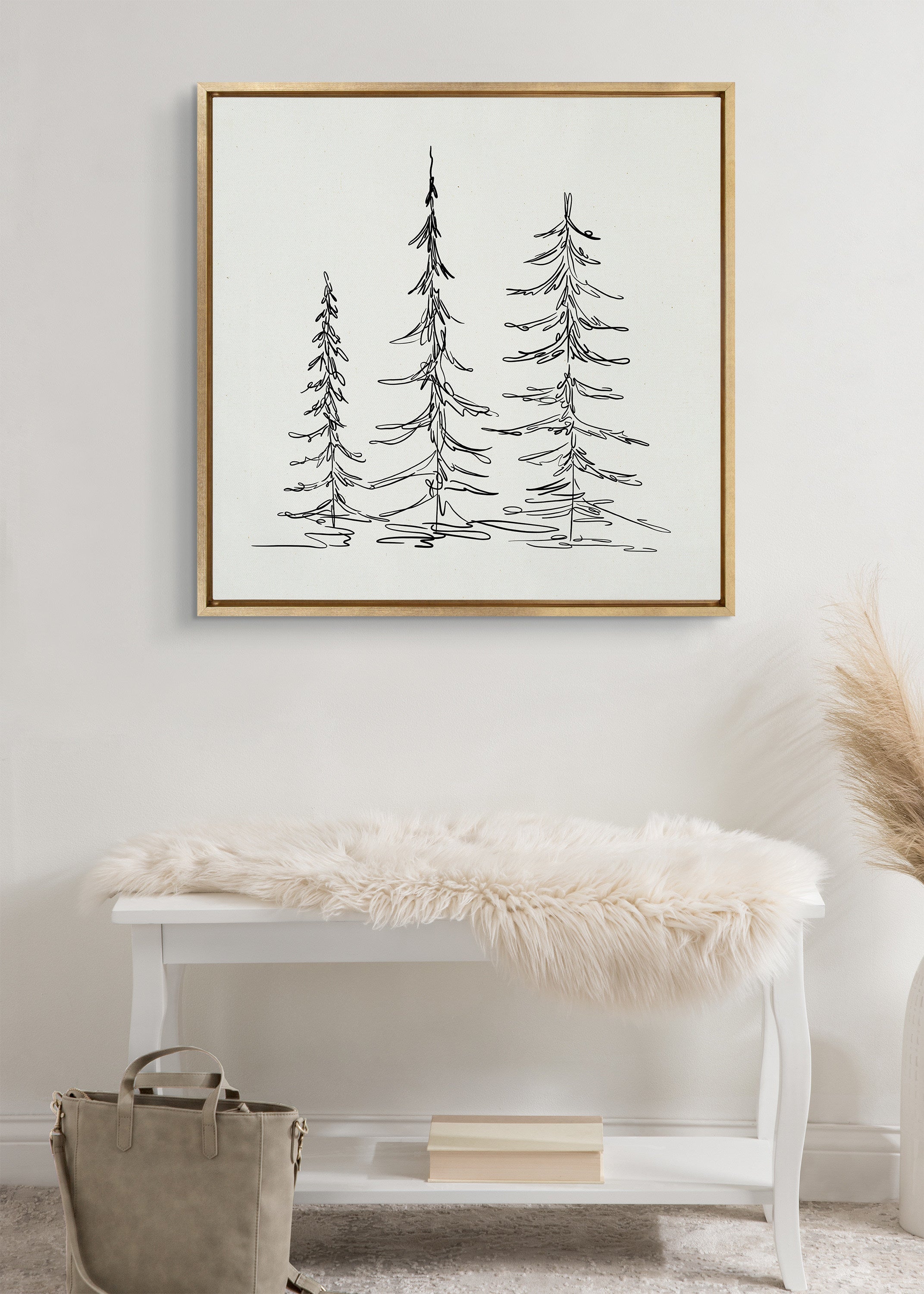 Sylvie Minimalist Evergreen Trees Sketch Framed Canvas by The Creative Bunch Studio