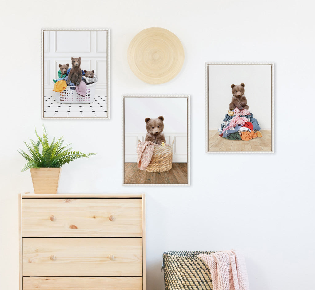 Sylvie Beaded Bear On Laundry Pile Scandi Style Framed Canvas by Amy Peterson