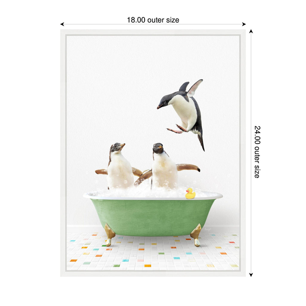 Sylvie Penguins in Green Bathtub on Colored Tile Framed Canvas by Amy Peterson