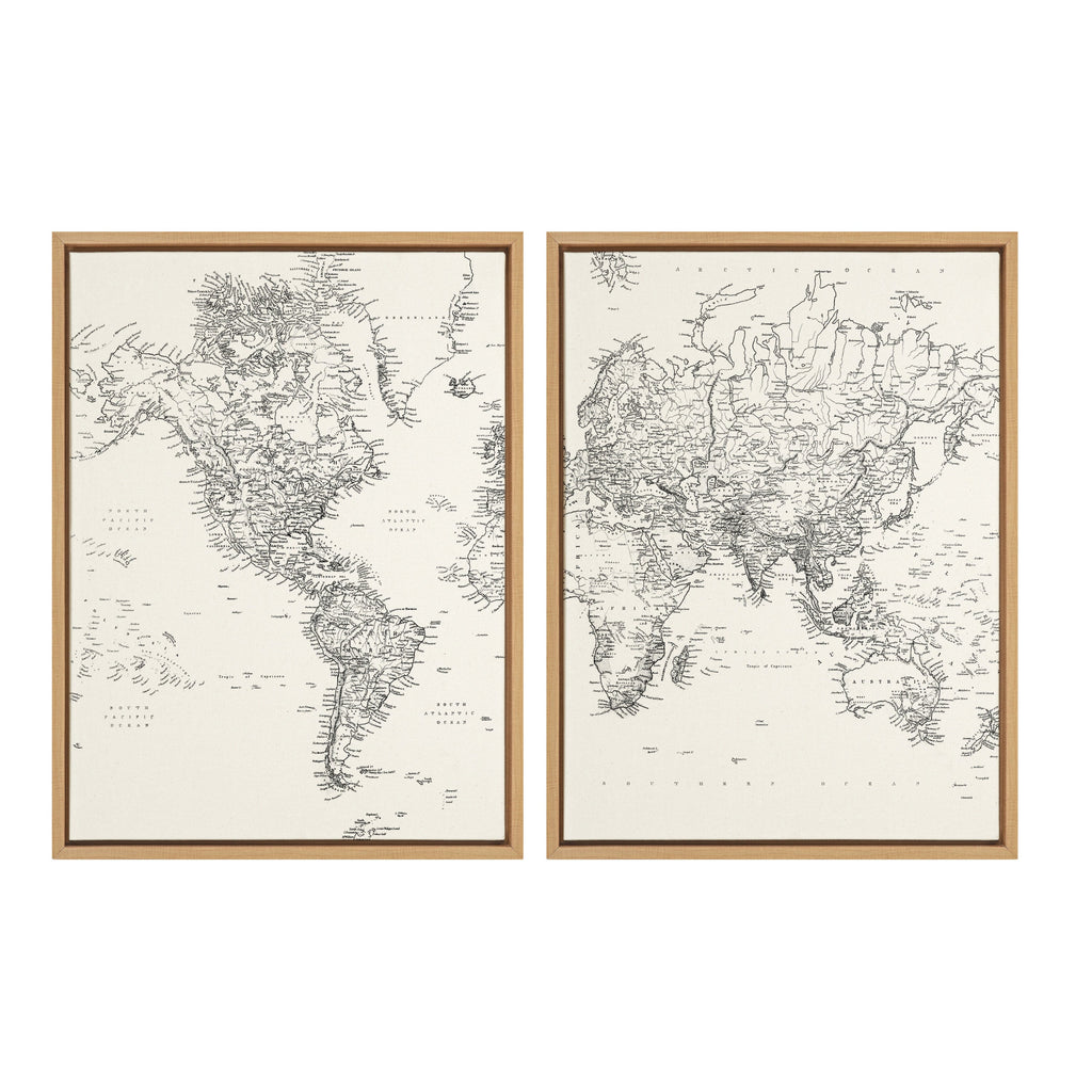 Sylvie Vintage Black and White World Map Framed Canvas Set by The Creative Bunch Studio