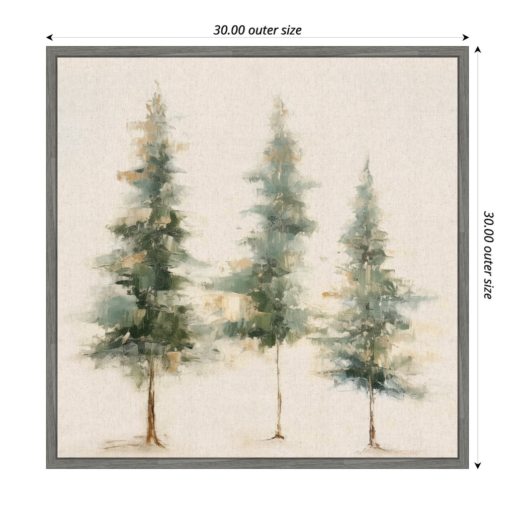 Sylvie Abstract Forest Evergreen Trees on Neutral Linen Framed Canvas by The Creative Bunch Studio