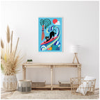 Sylvie Vibrant Whimsical Ocean Surf Cat Framed Canvas by Rachel Lee