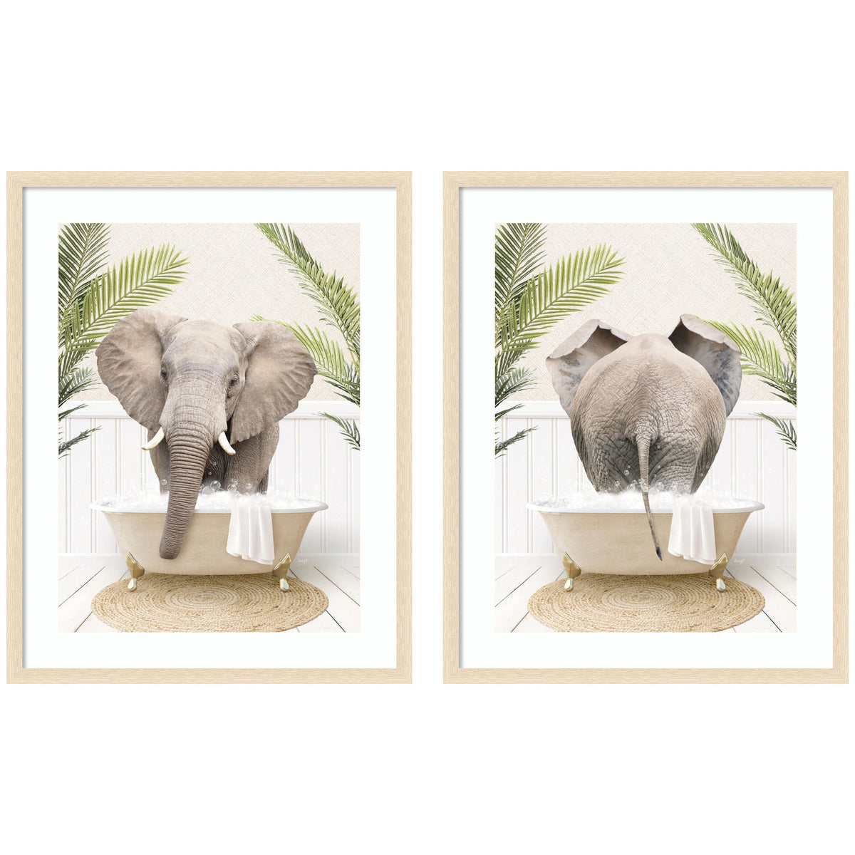 Elephant Palm Bathtub 2 Piece Framed Wall Art Print Set by Amy Peterson