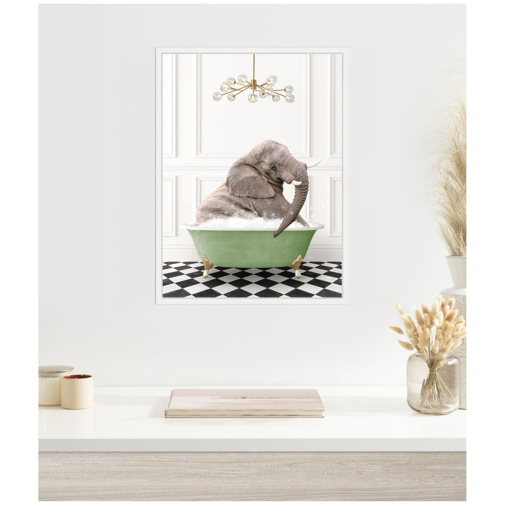 Sylvie Young Elephant in Green Bathtub Checker Floor Framed Canvas by Amy Peterson