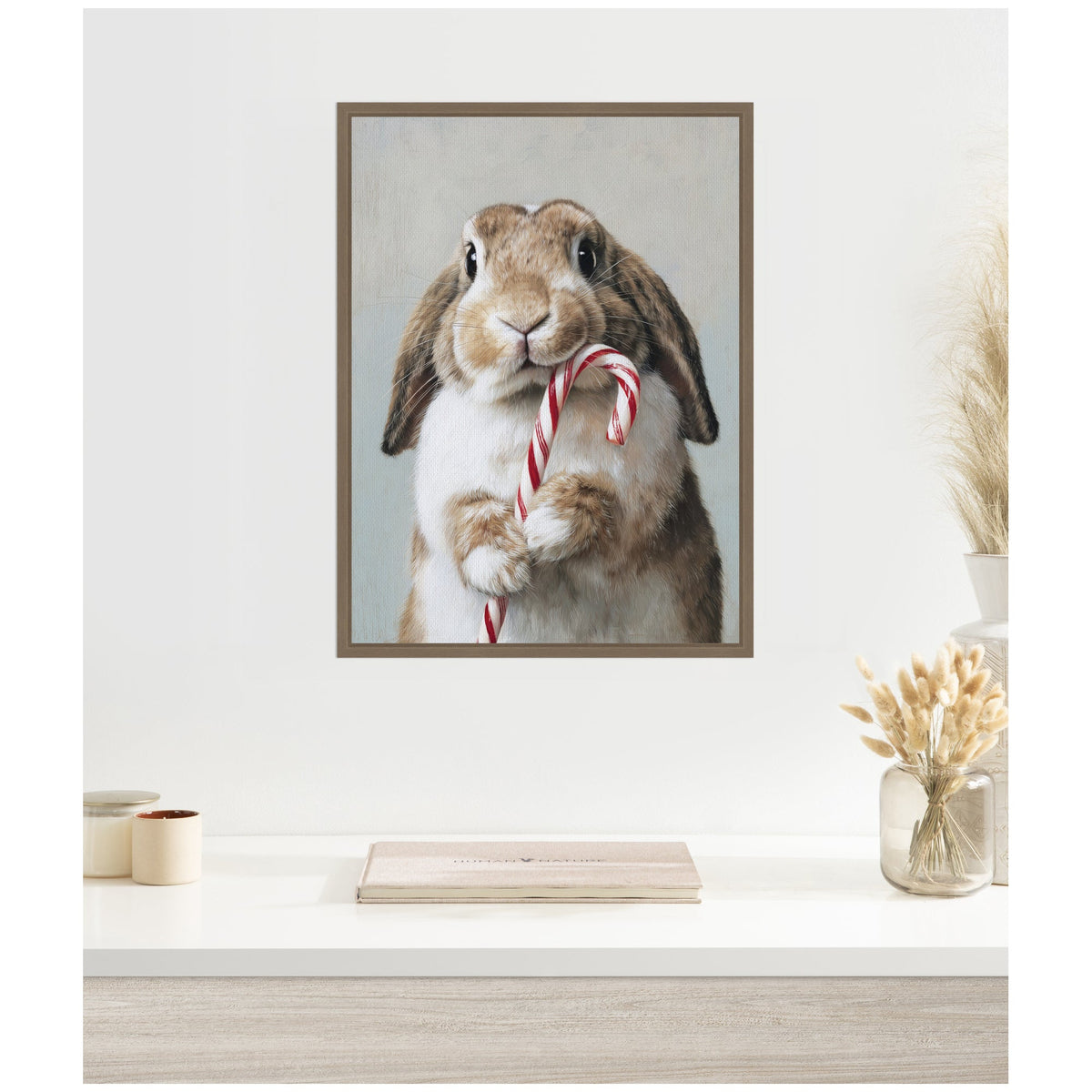 Sylvie Framed Canvas Cute Bunny Candy Cane by The Creative Bunch Studio