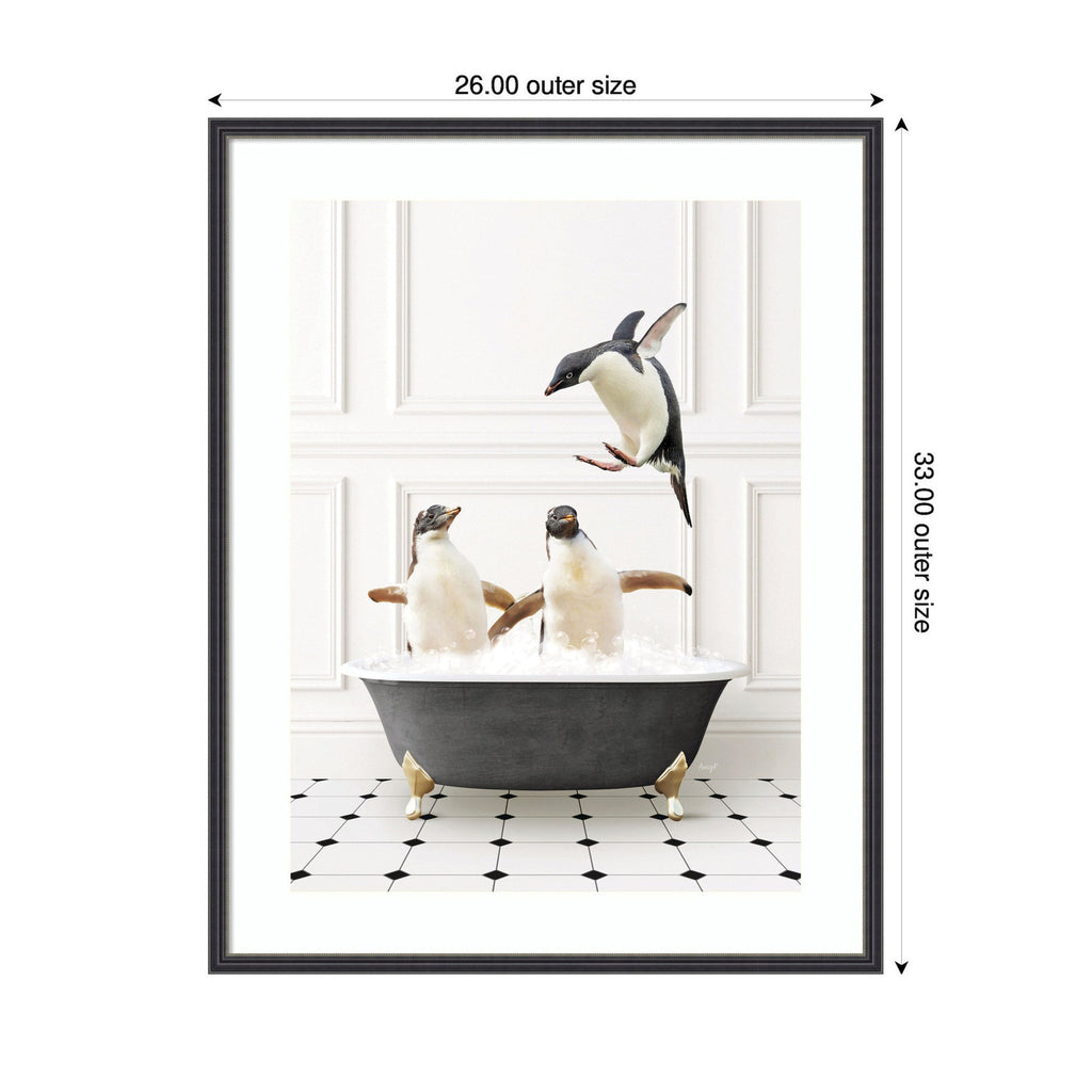 Penguins in Classic Black and White Bath by Amy Peterson Framed Wall Art Print