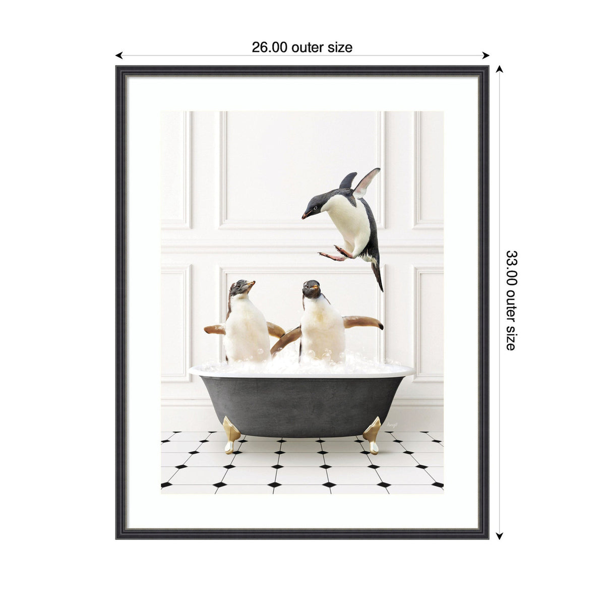 Penguins in Classic Black and White Bath by Amy Peterson Framed Wall Art Print