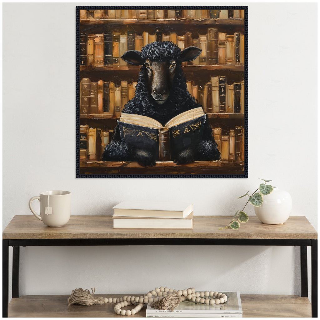 Sylvie Traditional Black Sheep Reading in Vintage Library Framed Canvas by The Creative Bunch Studio