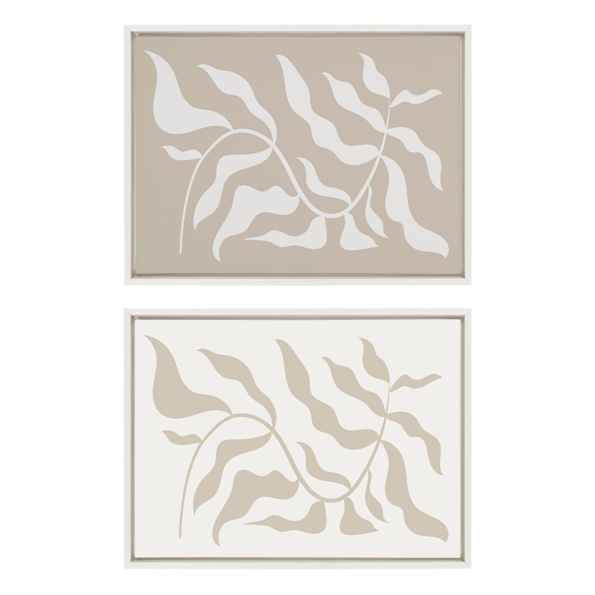 Sylvie Modern Matisse Inspired Botanical White on Beige and Beige on White Framed Canvas by The Creative Bunch Studio