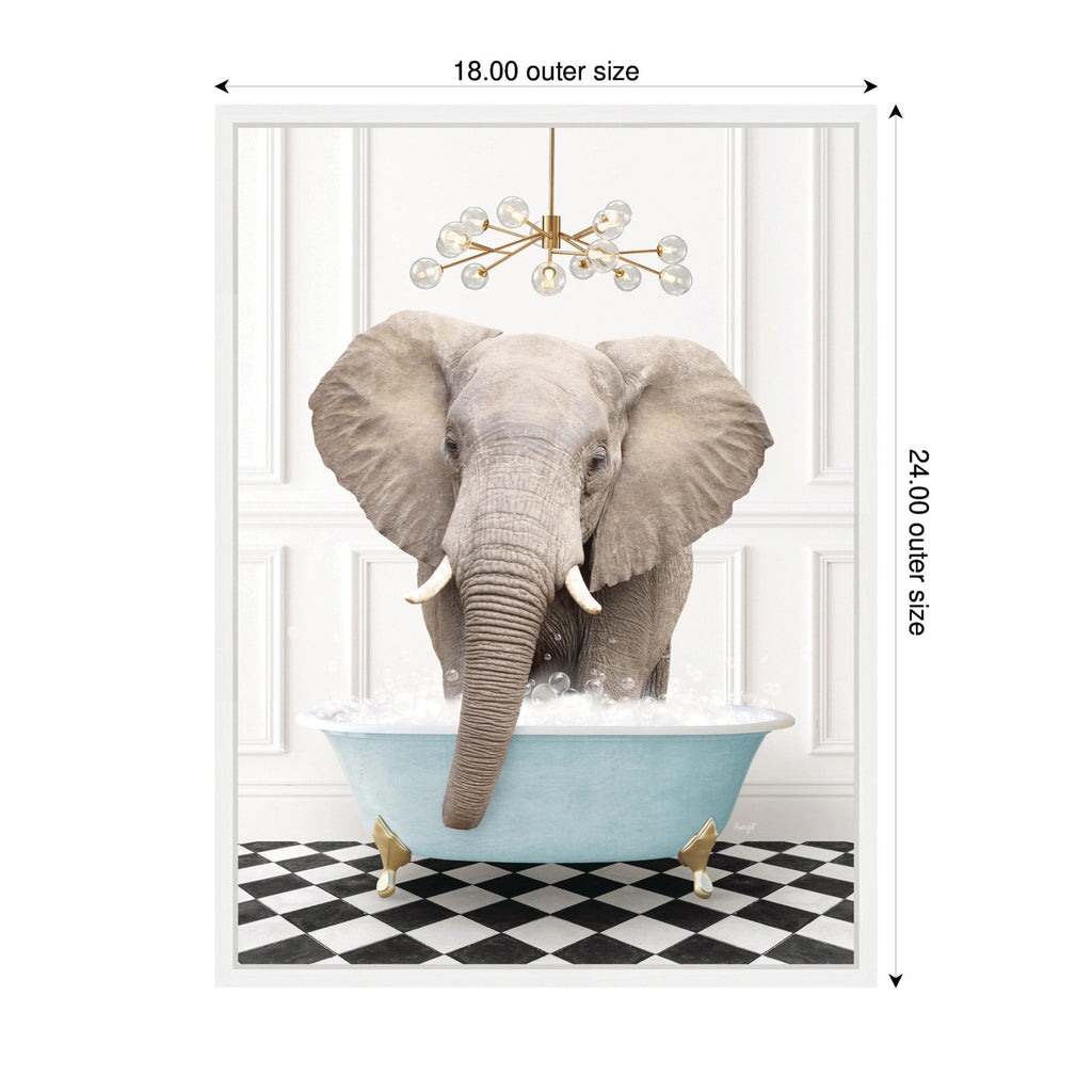 Sylvie Elephant Front in Blue Bathtub on Checker Floor Framed Canvas by Amy Peterson
