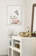 Sylvie Penguins Playing in Cottage Rose Bath Framed Canvas by Amy Peterson Art Studio