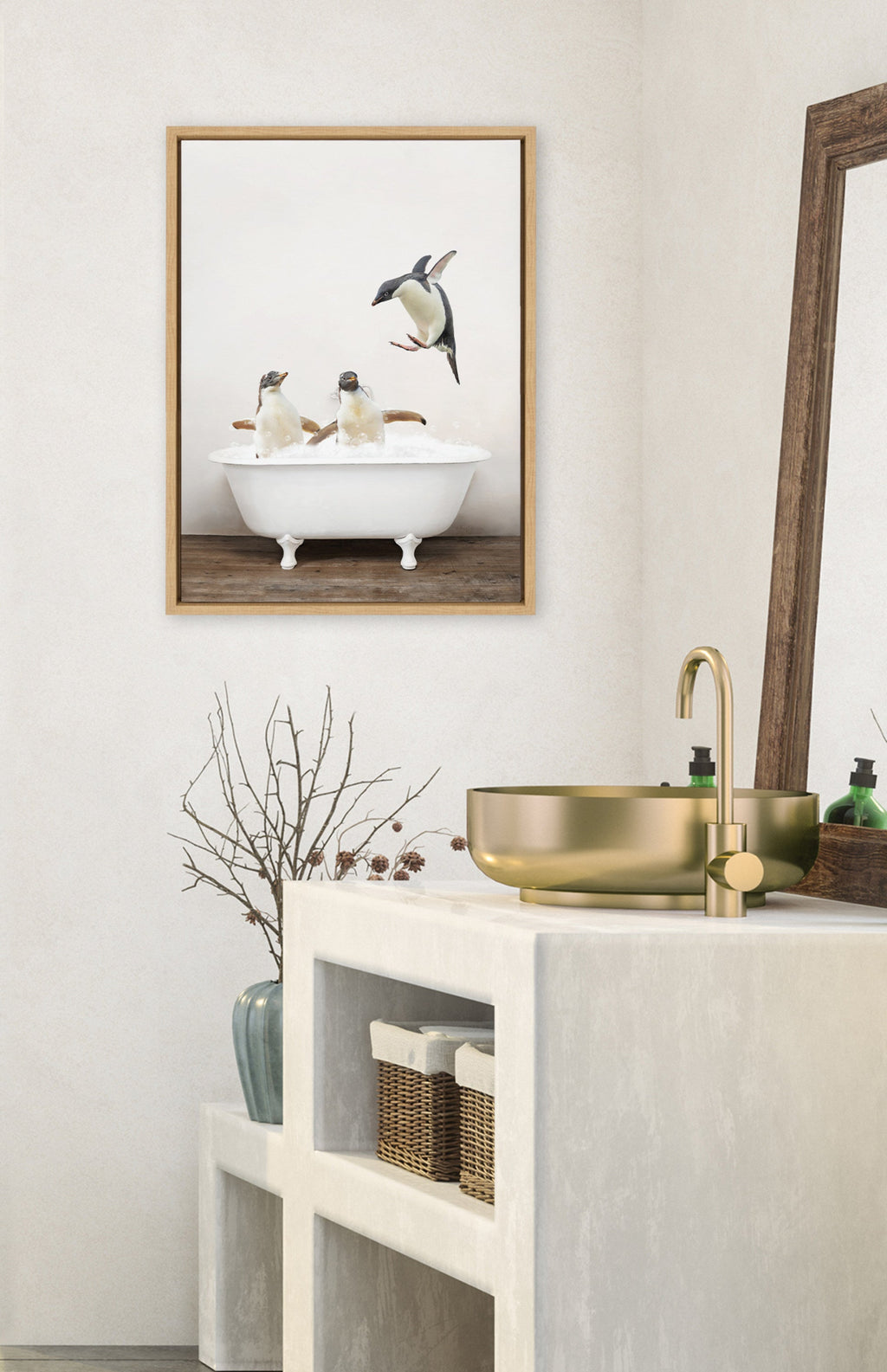 Sylvie Penguins Playing in Rustic Bath Framed Canvas by Amy Peterson Art Studio