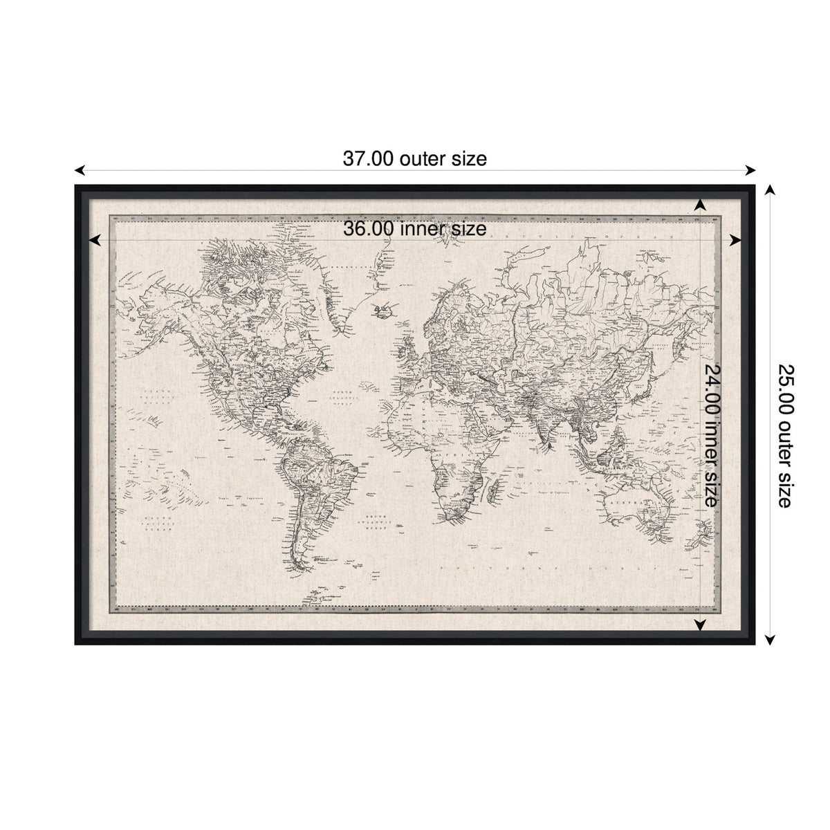 Framed Fabric Pinboard Vintage Black and White Linen World Map Wall Organization