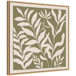 Sylvie Modern Minimalist Botanical Green and Neutral Linen Framed Canvas by The Creative Bunch Studio