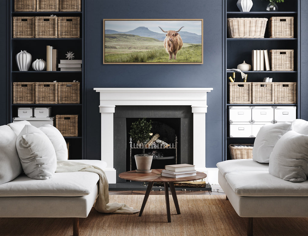 Sylvie Highland Cow Mountain Landscape Framed Canvas by The Creative Bunch Studio