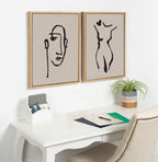 Sylvie Minimalist Neutral Line Art Drawing Face Framed Canvas by The Creative Bunch Studio