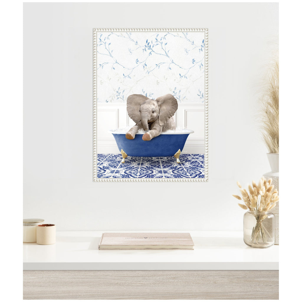 Sylvie Baby Elephant No6 in Eclectic Blue Bath Framed Canvas by Amy Peterson