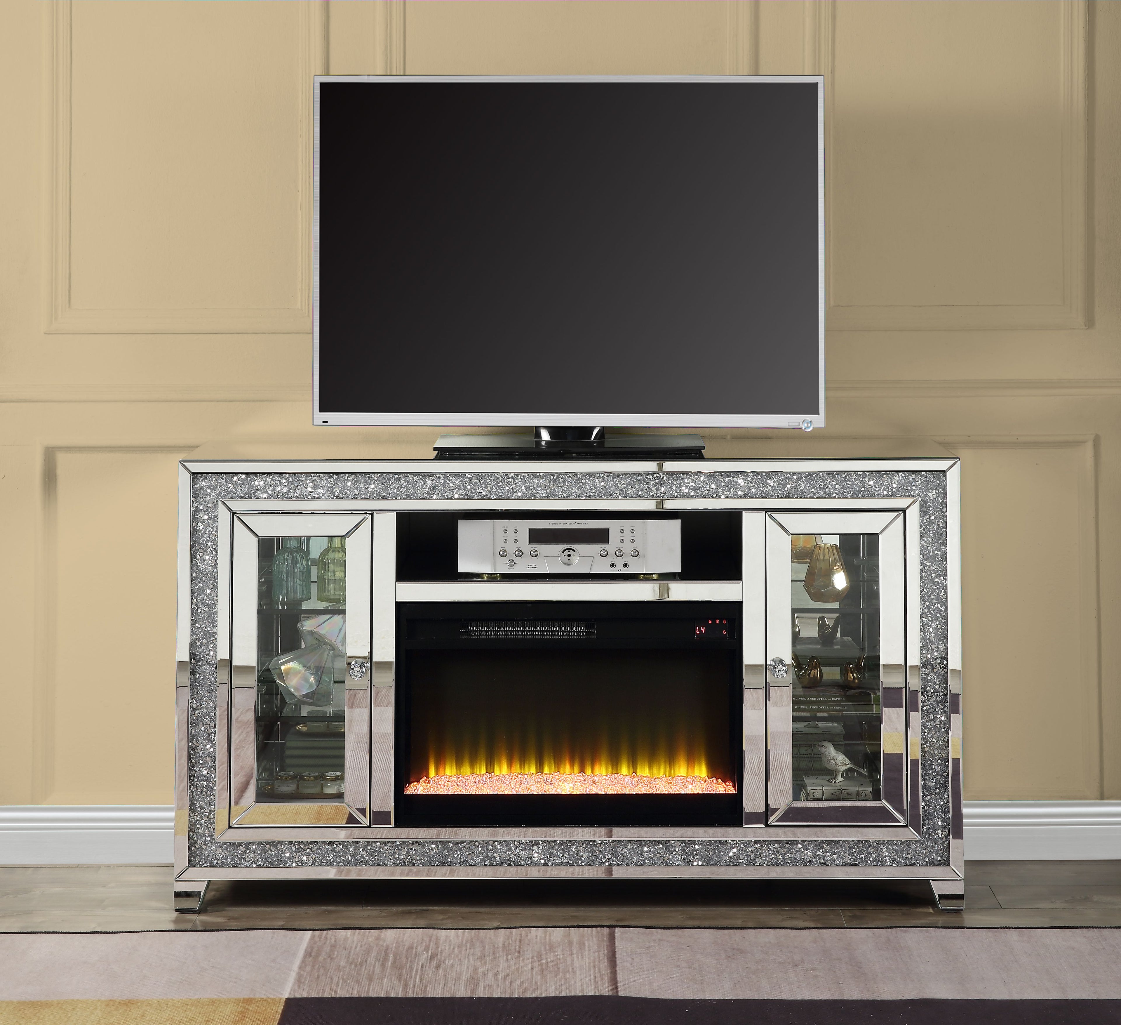 AcME Noralie TV STAND WFIREPLAcE & LED Mirrored & Faux Diamonds LV00316(D0102H71FT6)
