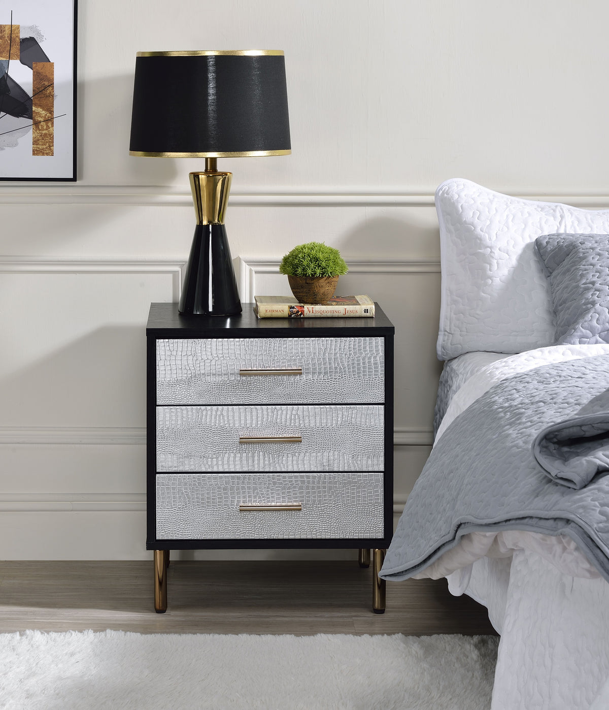 Acme Furniture Nightstand with 3 Drawers, Black, Silver and Gold