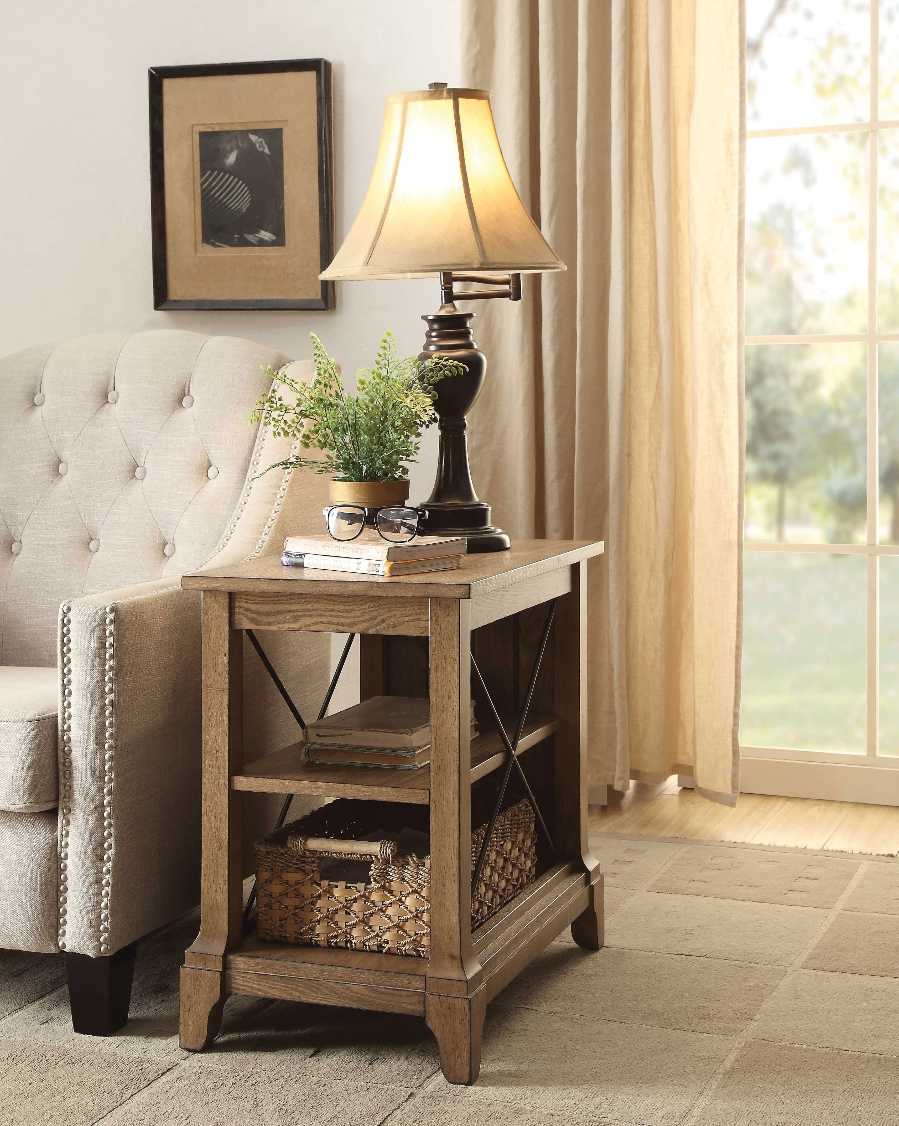 Acme Hiroko Rectangular Wooden 2-Shelf End Table with Metal X Design in Oak