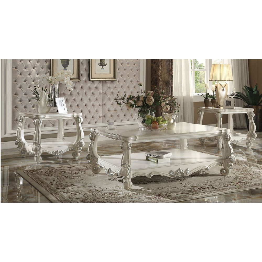 Acme Versailles Rectangular Wood Coffee Table with Bottom Shelf in Bone White