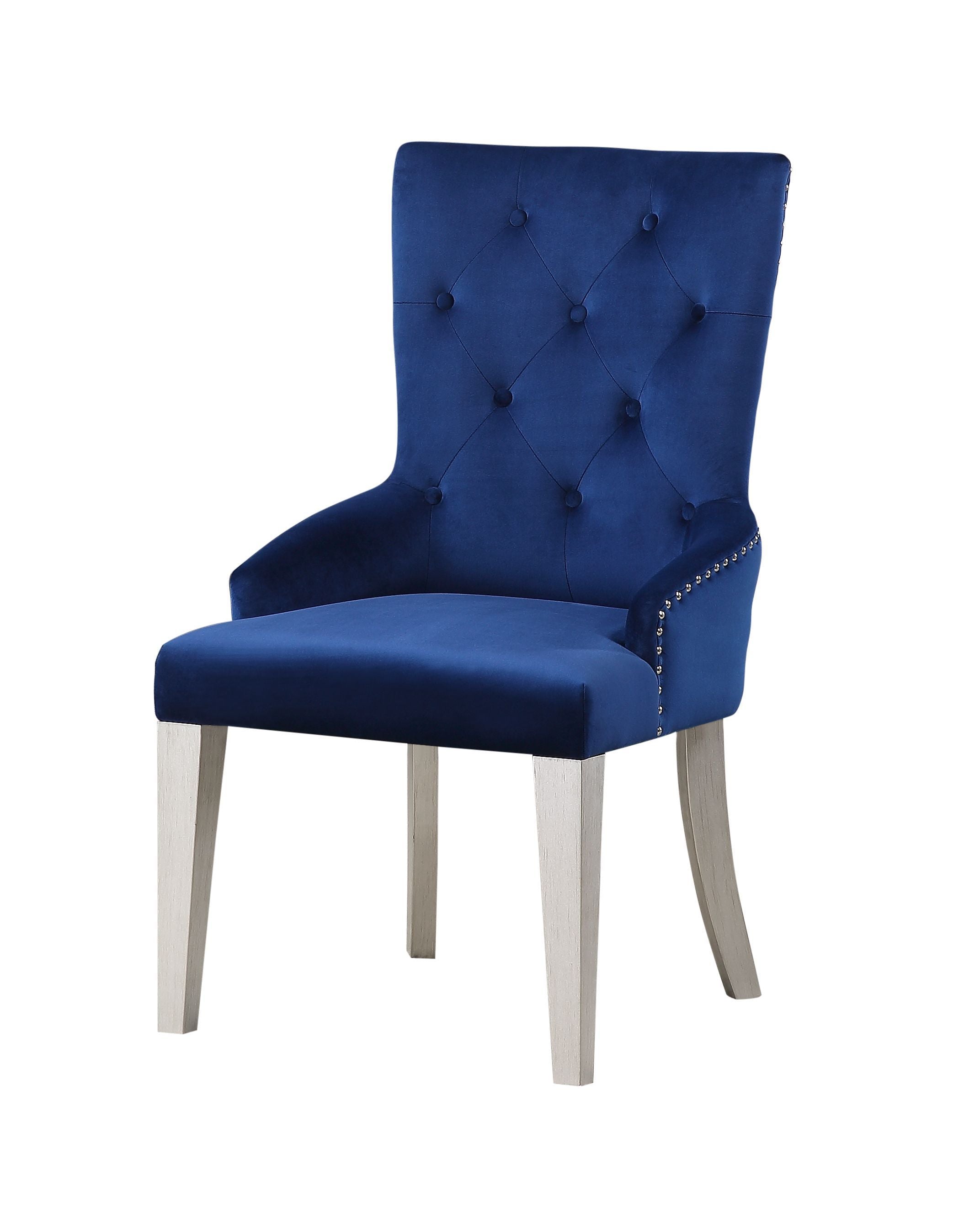 Acme Varian Fabric Tufted Upholstered Side Chair in Blue and Antique Platinum